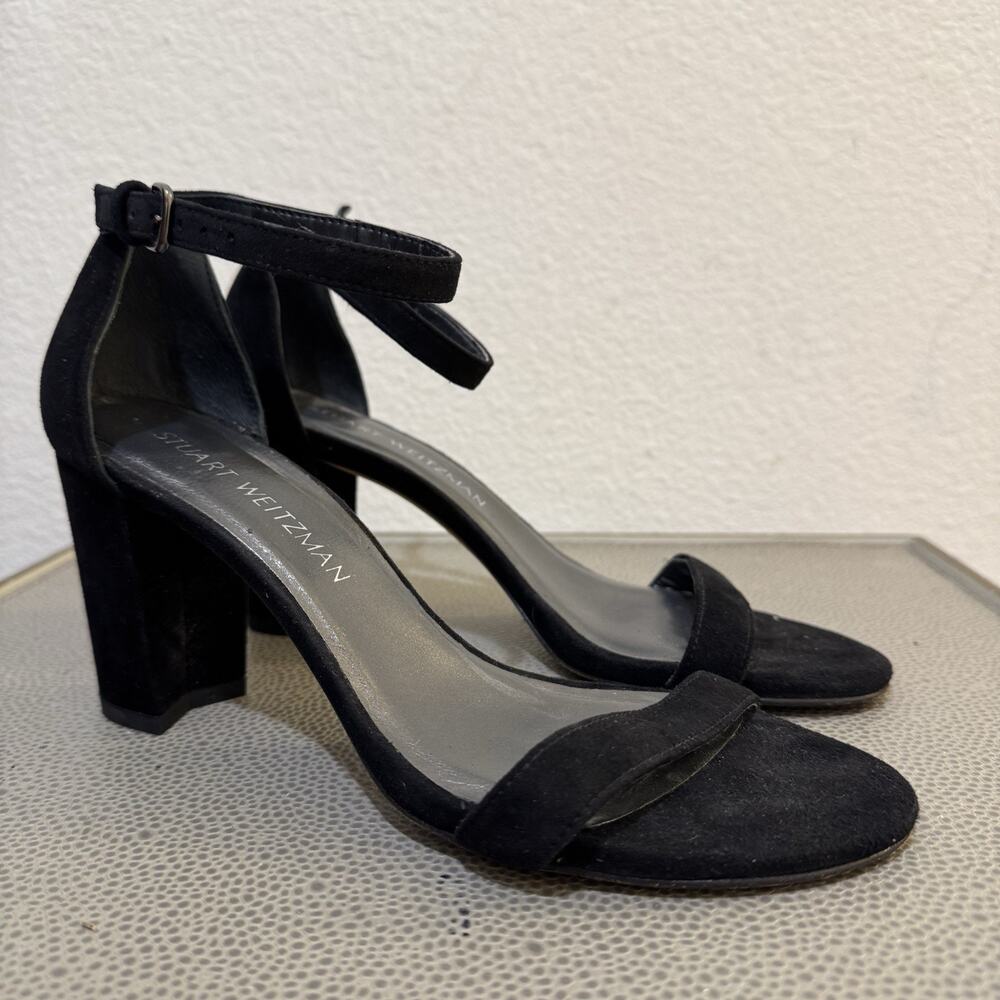 STUART WEITZMAN โNearlyNudeโ Ankle Strap Black Suede Heels Womenโs 7M $398